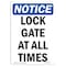 Signmission OSHA Notice, 5" Height, Lock Gate At All Times Sign, 5" X 3.5", Portrait OS-NS-D-35-V-14028 - alternate 1